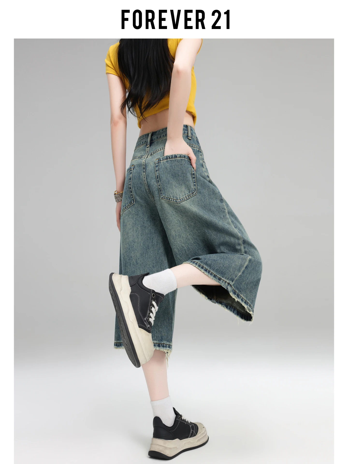 Jeans Azules de Cintura Alta y Pierna Ancha para Mujer, Corte Recto de Siete Pulgadas, Estilo Holgado de Verano, con Dobladillo Deshilachado, de Forever 21