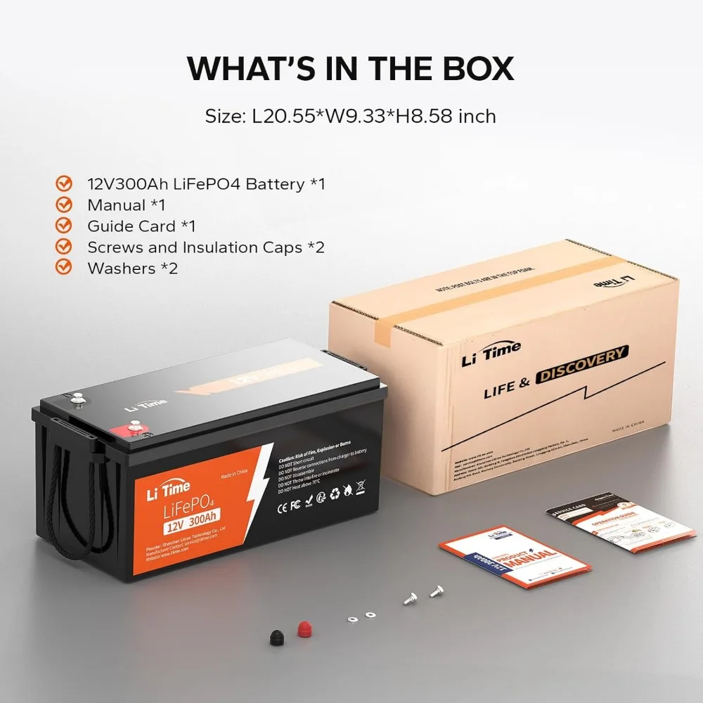 12V 300Ah Lithium LiFePO4 Battery, Built-in 200A BMS, Max 2560W Power Output, Easy Installation, 4000+ Deep Cycles