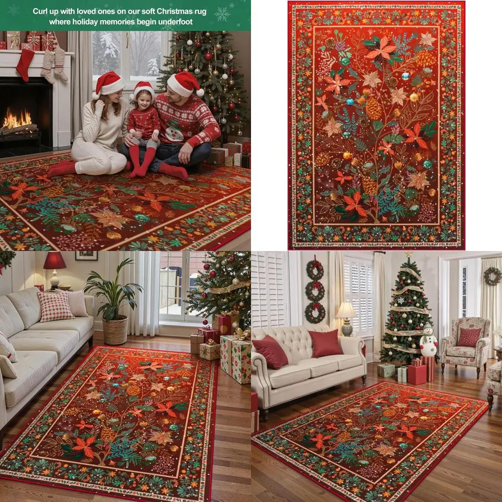 

5x7 Red Botanical Floral Area Rug for Christmas, Washable Modern Rugs for Living Room, Non-Slip Soft Bedroom Carpet, Low Pile Th