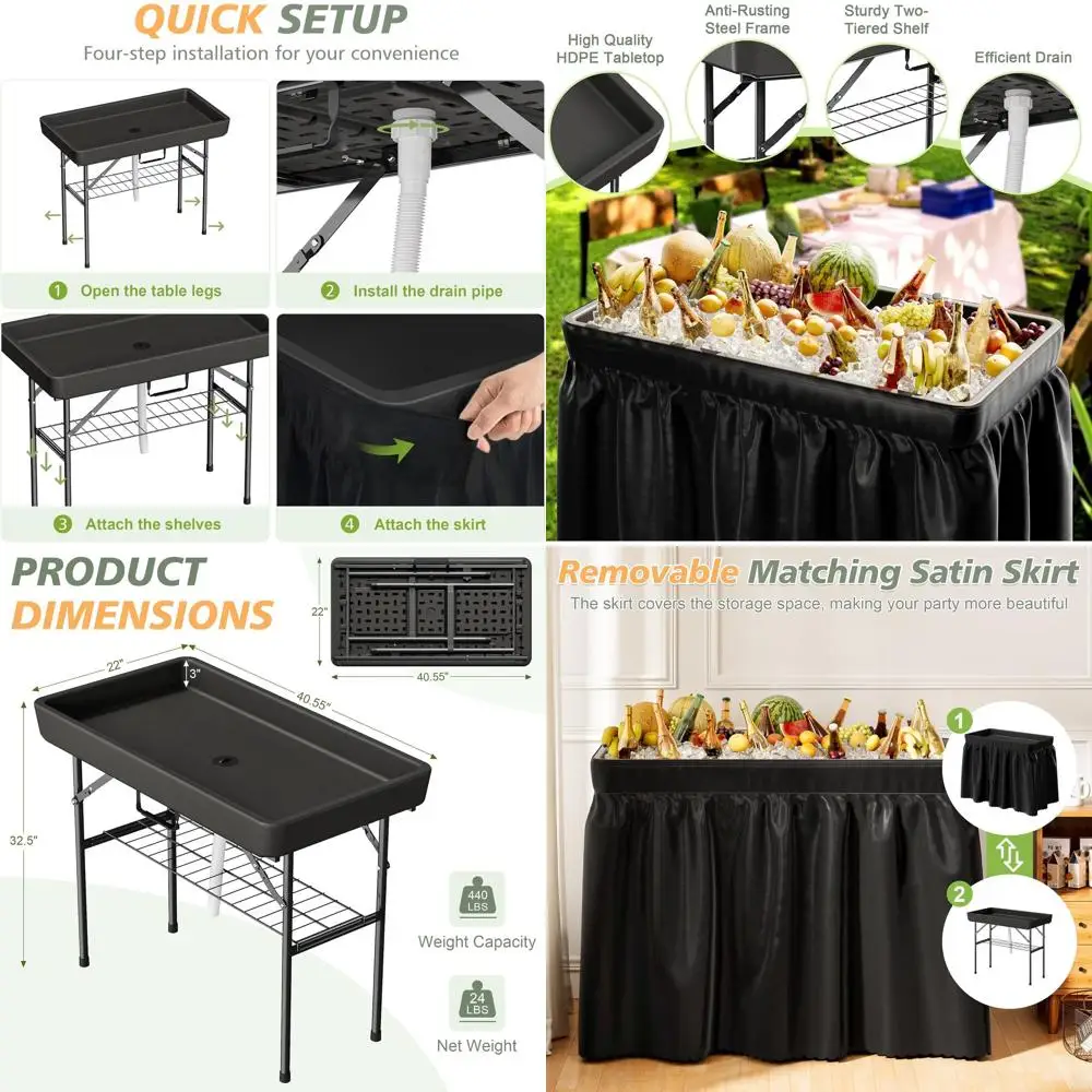 

Portable 4-Foot Folding Ice Table with Drain and Skirt, Perfect for Outdoor Parties, BBQs, and Picnics (Black)