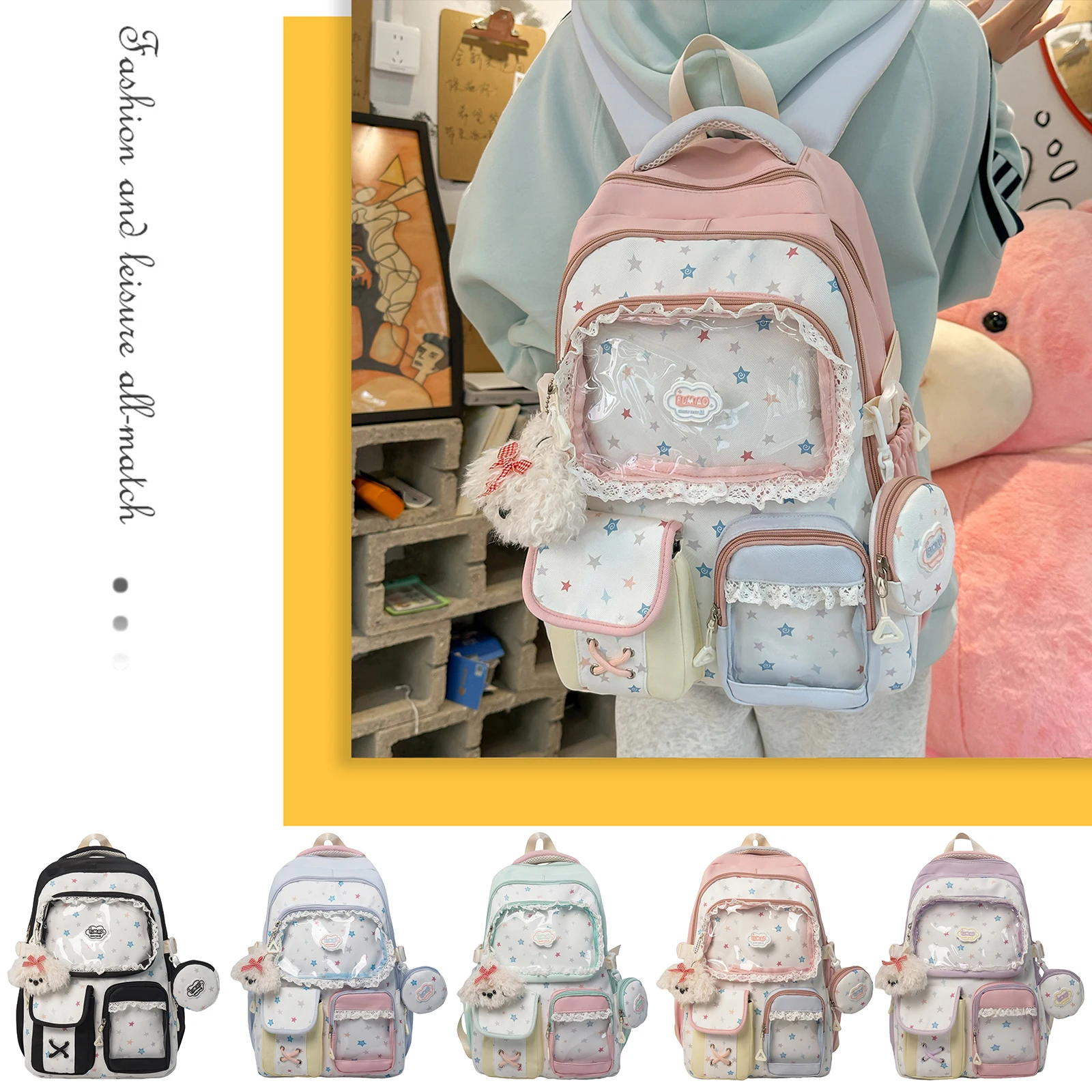 Women Nylon Cute Ita Backpack with Clear Insert Cutecore Daypack Y2K Style for Women Teens  Cosplay Concert Gifts