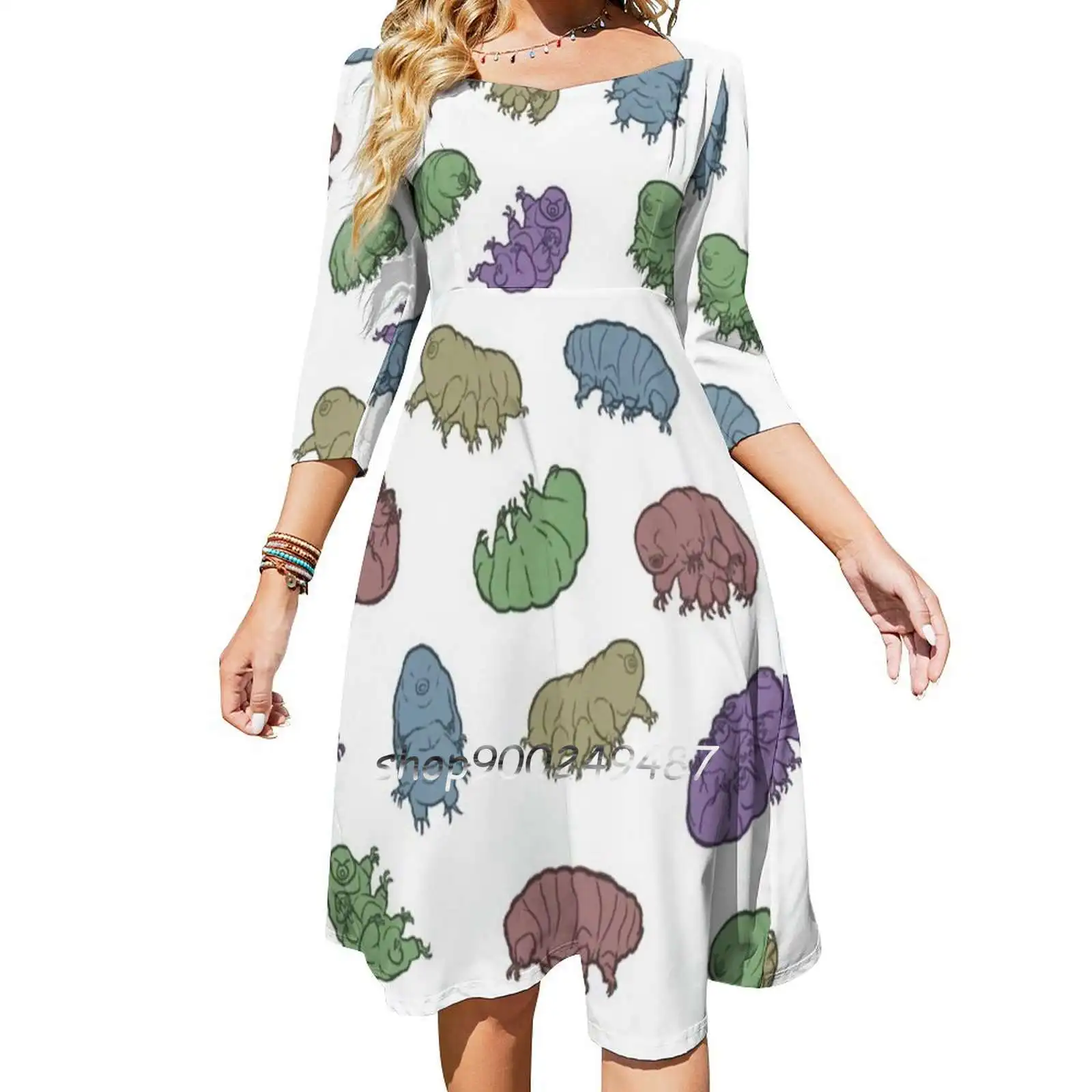 Tardigrades Flare Dress Square Neck Dress Elegant Female Fashion Printed Dress Fun Tardigrade Science Creature Tiny Water Bear