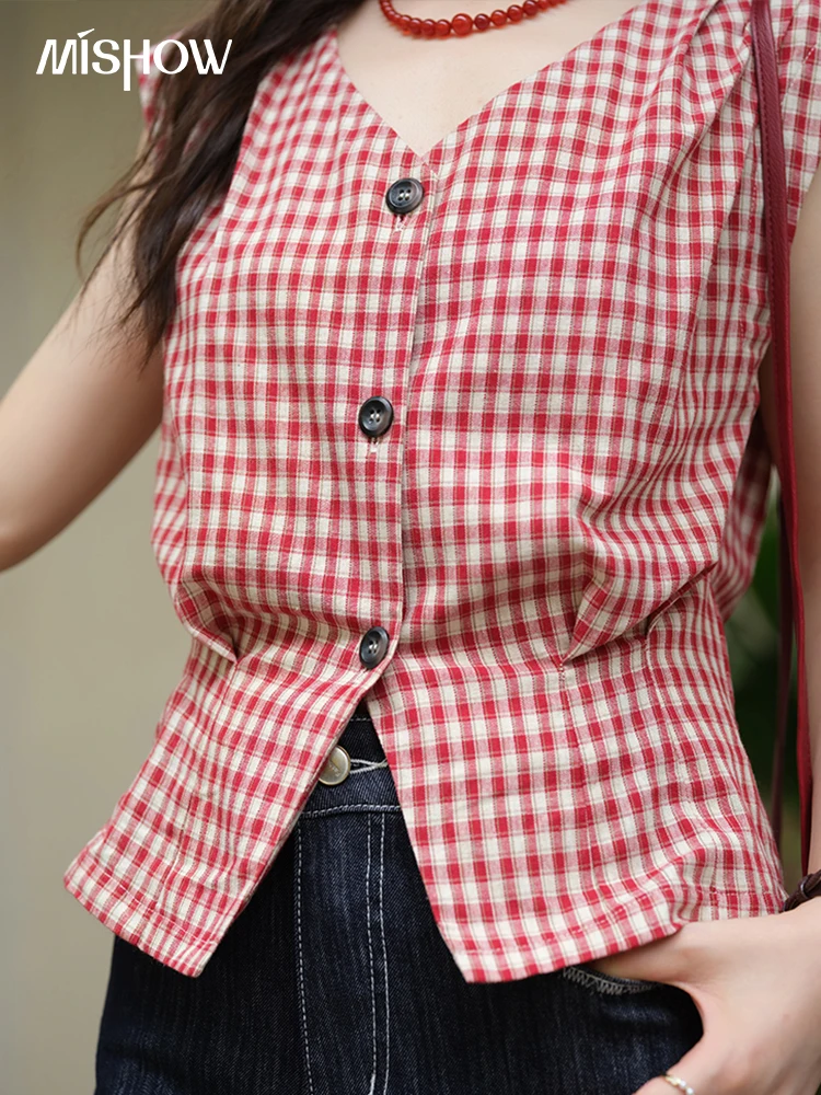 MISHOW Kemeja Kerah V Fashion Wanita 2026 Kemeja Kancing Merah Wanita Kotak-kotak Baru Musim Panas Pakaian Wanita Atasan Retro Kasual MXE37X1921