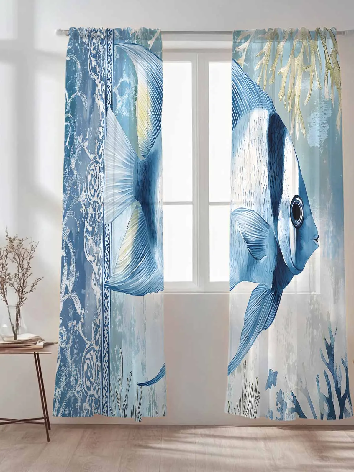 

Watercolor Fish Sheer Tulle Curtains for Bedroom Living Room Voile Curtain for Children Organza Window Drapes