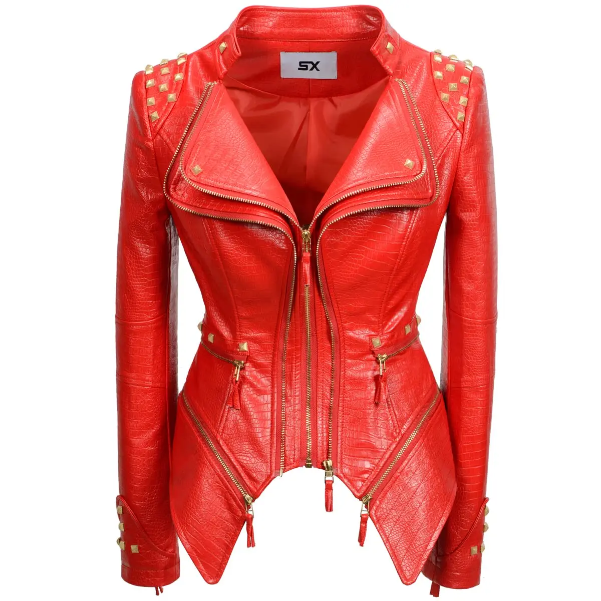 Neue Herbst Frauen Pu Faux Leder Jacke Nieten Motorrad Biker Mantel Serpentine Revers Niet Schlank Streetwear Schwarz Punk Oberbekleidung