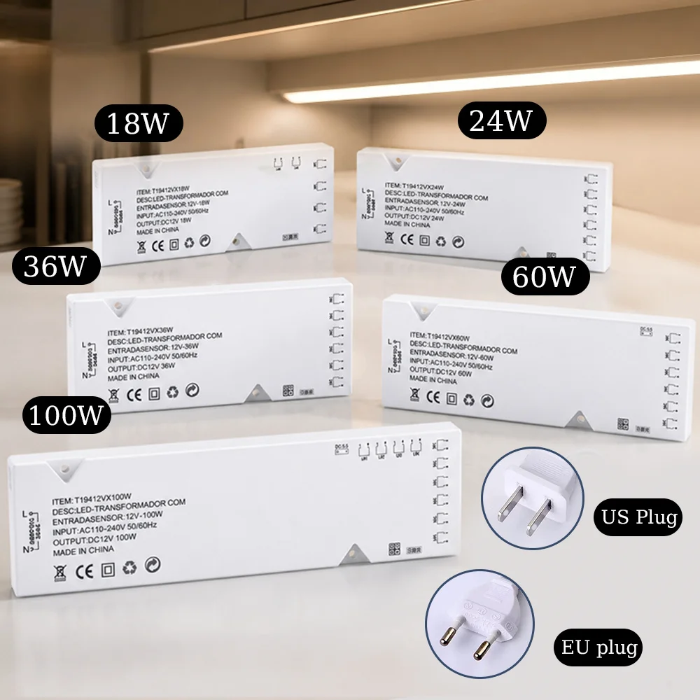 12V Multi Power LED Lighting Transformer 100-18W EU/US Plug Dupont Port DIY Vanity Closet Light Strip Cabinet Light Driver