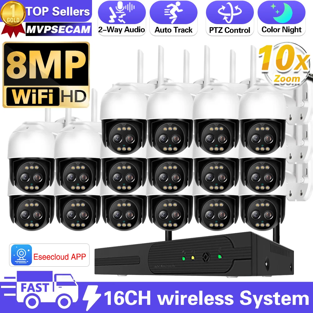 

16CH Wifi NVR 10X PTZ Zoom Dual Lens Security 4K 8MP Cam Intelbras Eseecloud System Auto Tracking Network Video Surveillance Kit