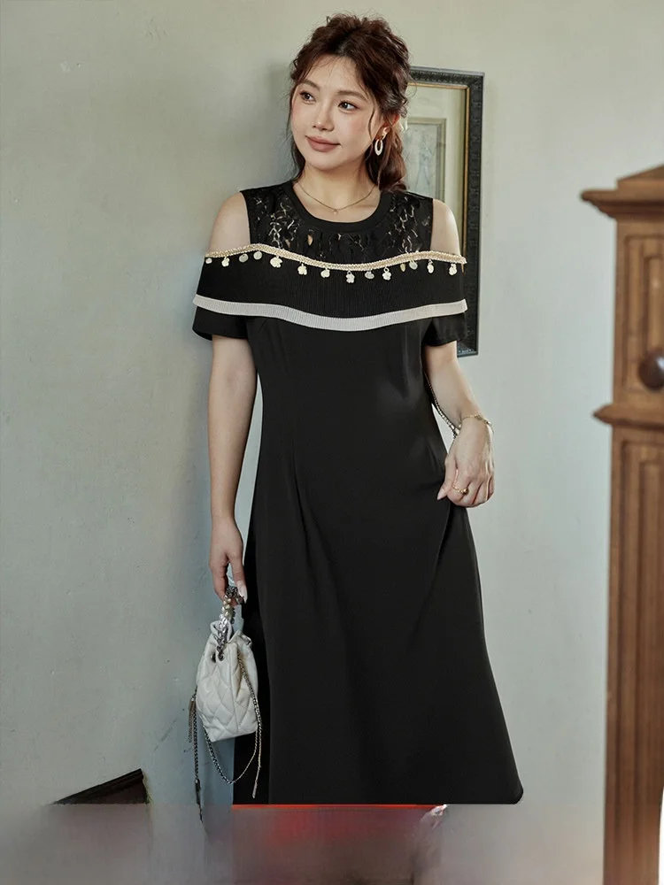 

plus Size Women's A-Line Lace Dress Summer New Design Shoulder Bridesmaid Dress High Waist Polyester Fiber Short Sleeve Midi ...