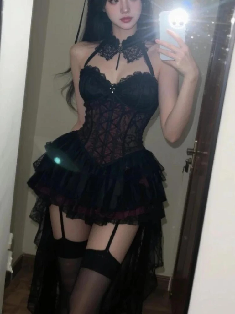 

Vintage Y2K Irregular Black 2 Piece Set Women Sexy Lace Halter Tops + Mini Skirts Harajuku Gothic Ruffles Design Party Outfits