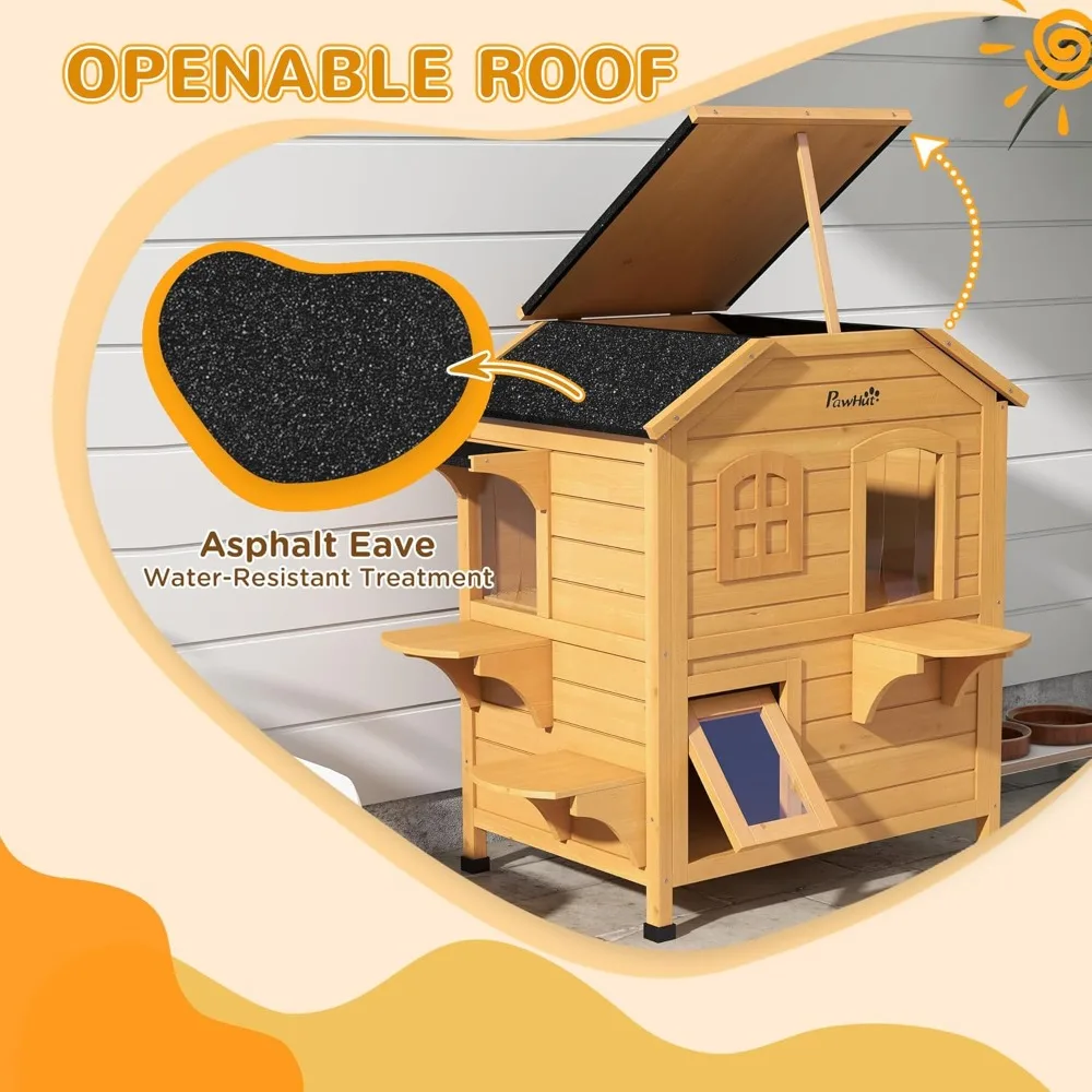 pawhut 2-story cat house outdoor, weatherproof wooden cat enclosure for feral cats with escape door, openable roof, jumping plat view 3
