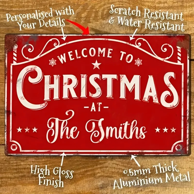 Plaque Métallique Personnalisée avec Nom de Famille et Message de Noël - Décoration Murale Vintage Nom & Année, Aluminium Résistant aux Rayures et à l'Eau