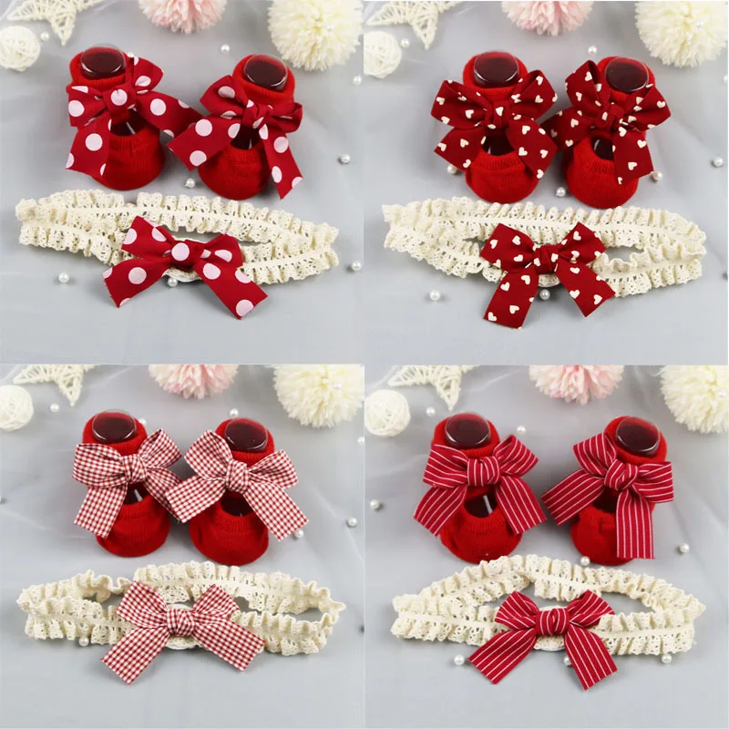 Baby-Stirnband-Socken-Set, weiches, bequemes Stirnband mit Schleife, Kinder-Boot-/Bodensocken für Kleinkinder