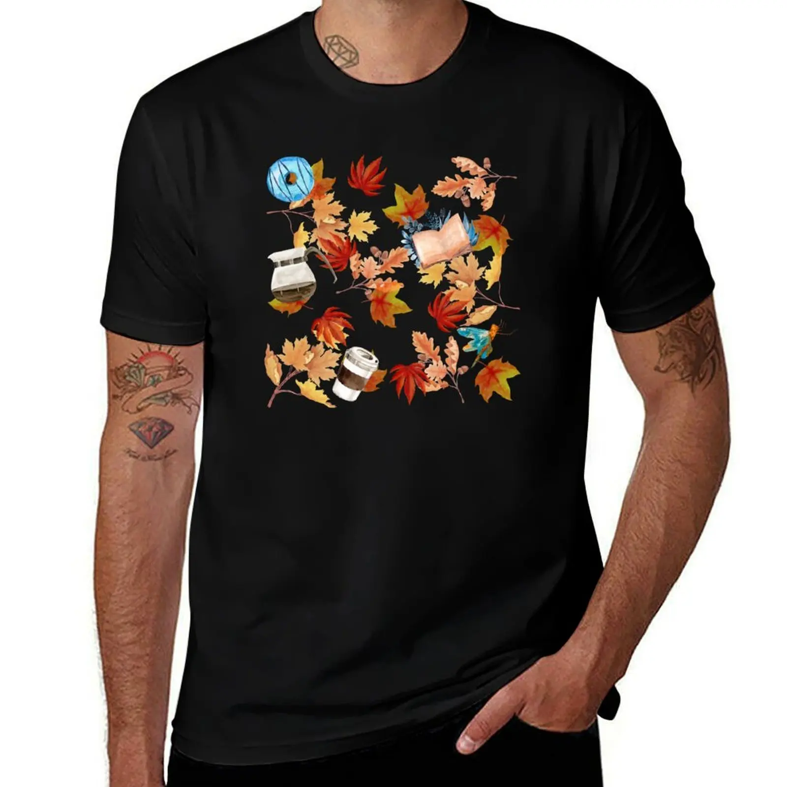 Autumn Leaves, Books, Coffee Cups, Fireflies - Gilmore Pattern T-Shirt Large Size Soft Cotton T-Shirt