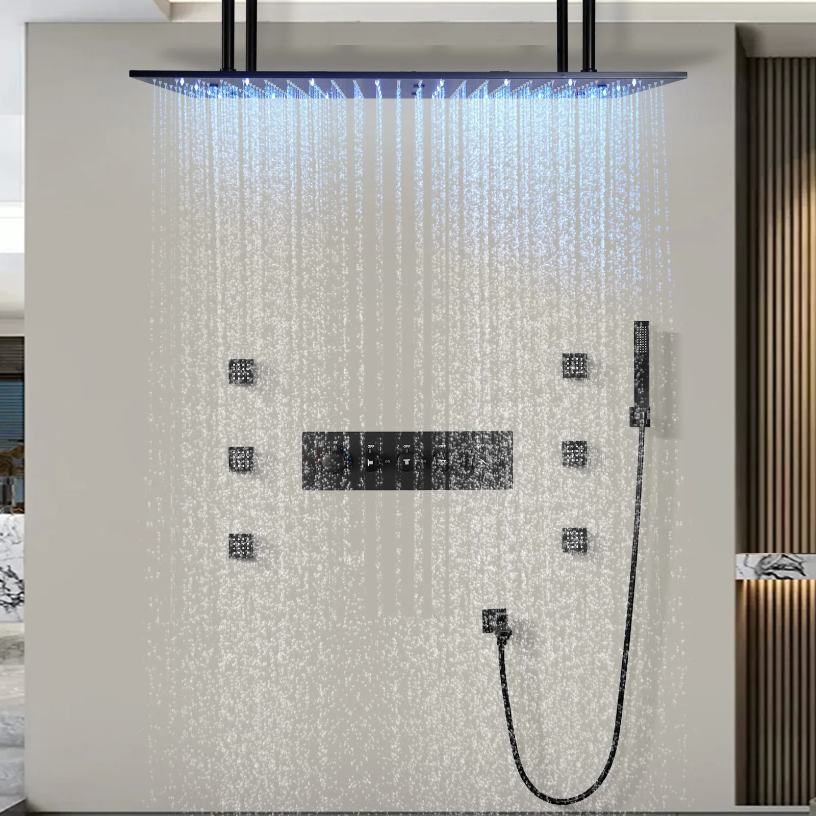 Black LED constant temperature 400 * 800mm four-function concealed ceiling-type canopy shower set factory direct sales