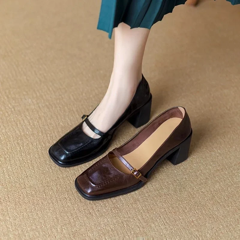 

New retro Mary Jane shoes for women, French style small leather shoes, thick heel, comfortable brown square toe single shoes