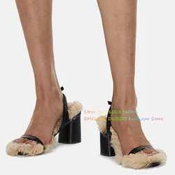 Lamb Hairy Sandals Peep Toe Straight Strap Thick Heel Round Toe Leather Back Strap Autumn and Winter New Plush High Heels