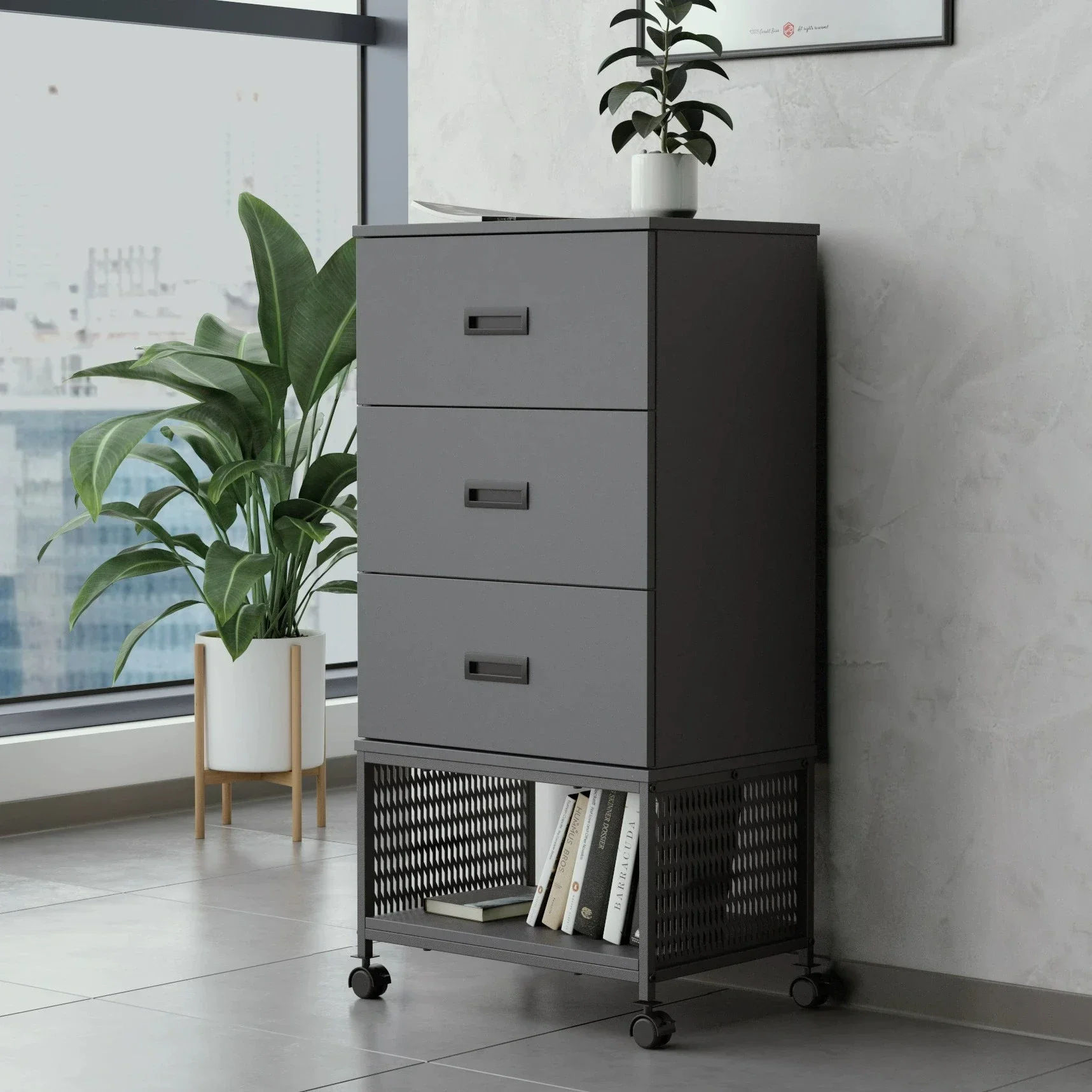 Movable Wooden Filing Cabinet With Wheels 3 Drawers Chest Dresser For Living Room Storage