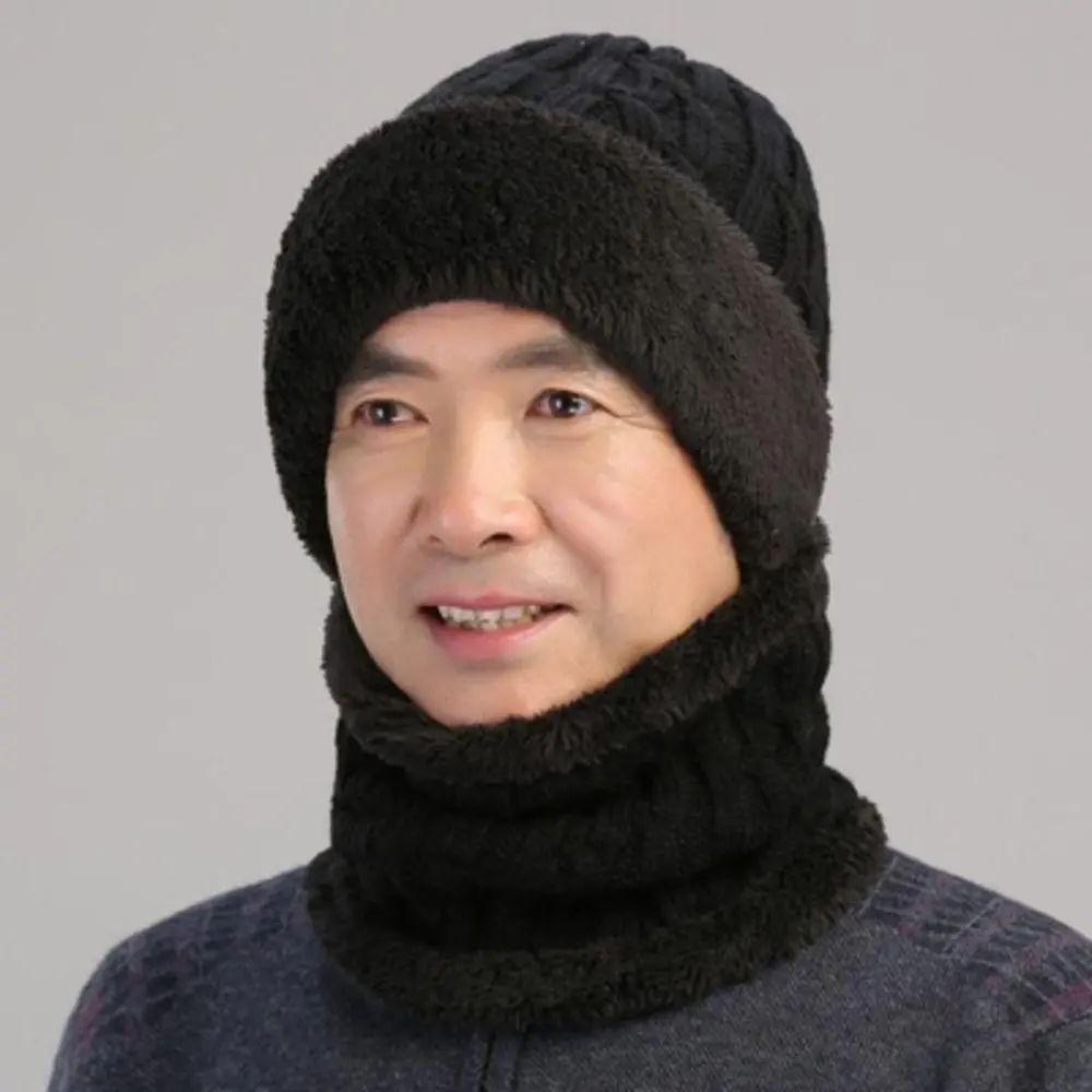 Men\'s Coral Fleece Hat Scarf Set Outdoor Thicken Plus Velvet Mask Cap Scarves Winter Warm Knitted Neck Cover Skullies Beanies