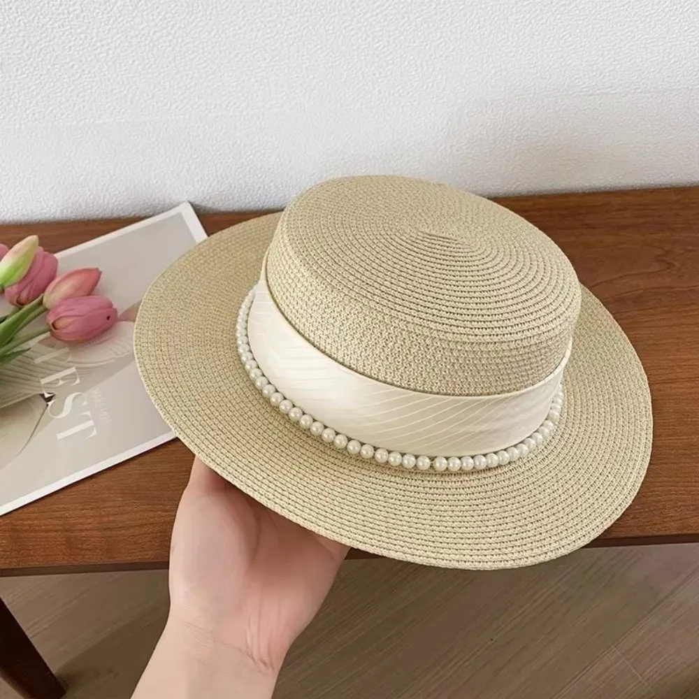 

New French Hepburn Style Straw Hat Straw Weaving Solid Color Pearl Chain Hat UV Protection Breathable Wide Brim Hat Beach Wear