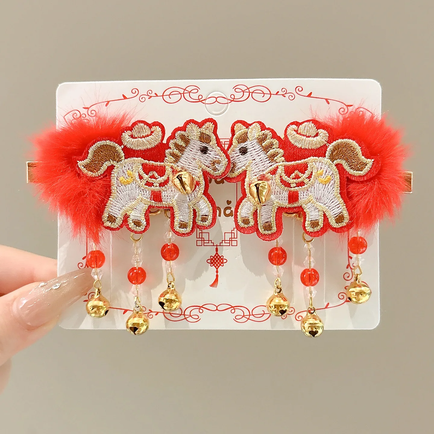 

2025 New Year's Hair Clip for Girls Little Girl's New Year's Greeting Hairpin Red Bow Tassel Duckbill Clip