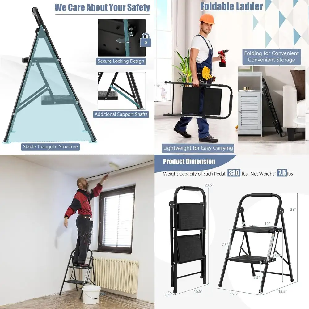 

2-ступенчатая лестница, складной табурет-ступенька с очень широкими и противоскользящими педалями, мягкая ручка, нескользящие чехлы для ног, тяжелые 330 фунтов