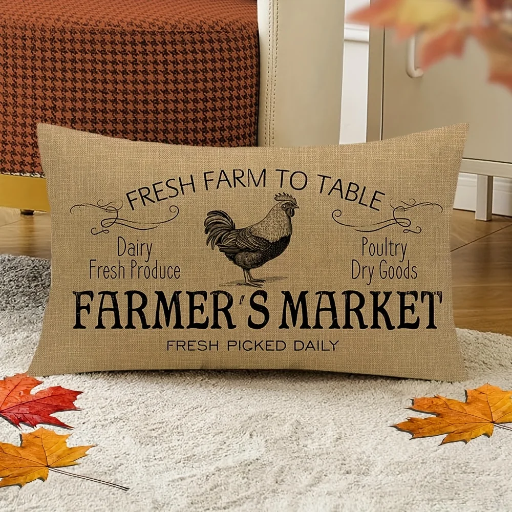 1pc Farmer's Market Rooster Print Lumbar Pillow Cover,Suitable for Sofa,Bedroom,Living Room,Farmhouse,Sweet Gift for Farm Lovers