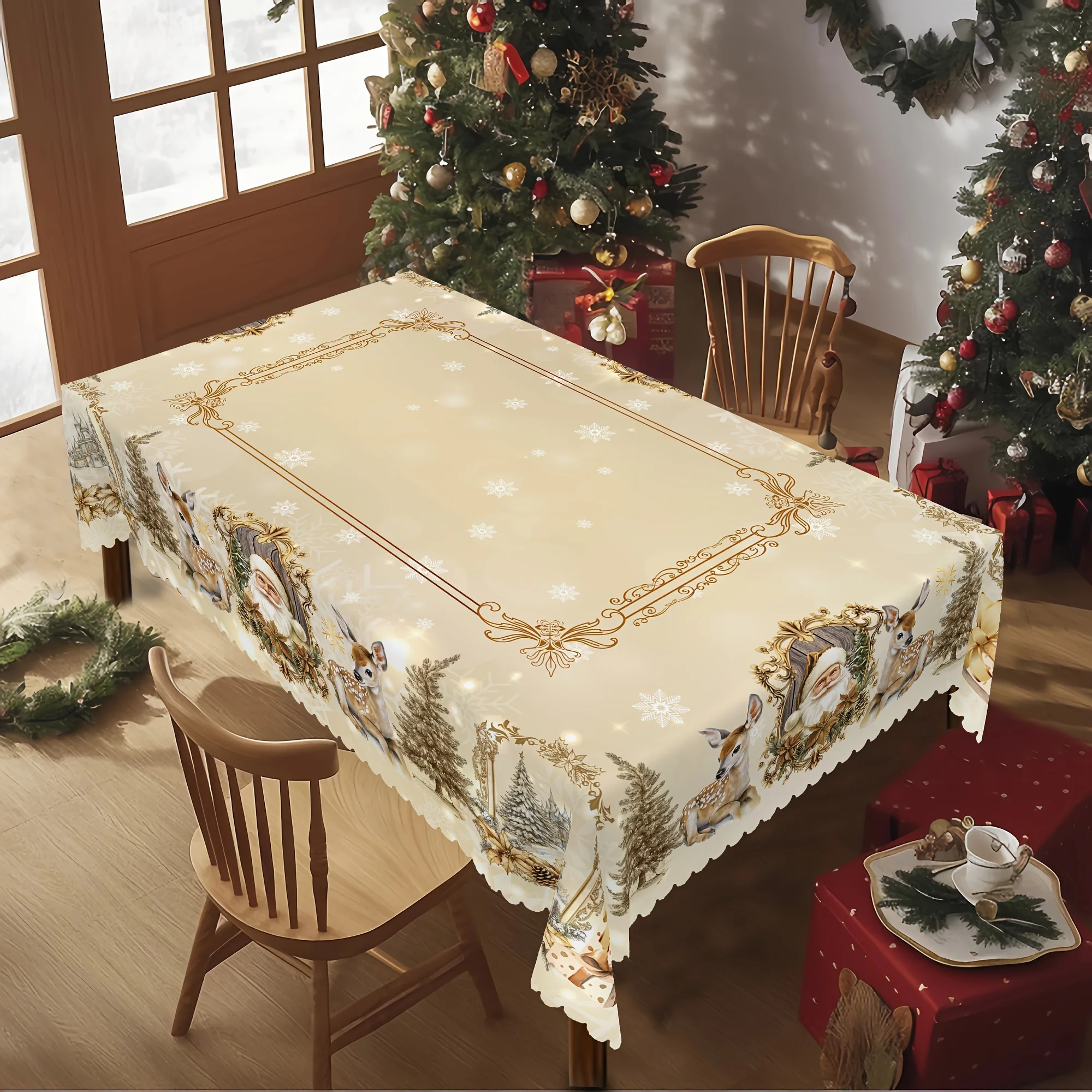 VIKAMA Christmas Rectangular Tablecloth Snowflake Wreath Pine Waterproof Washable Cover for Winter Festive Holiday Decor