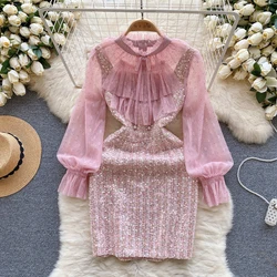 Vestido Floral de manga larga para mujer, traje de gasa con borde de loto, ajustado, para vacaciones, primavera y otoño, novedad de 2024