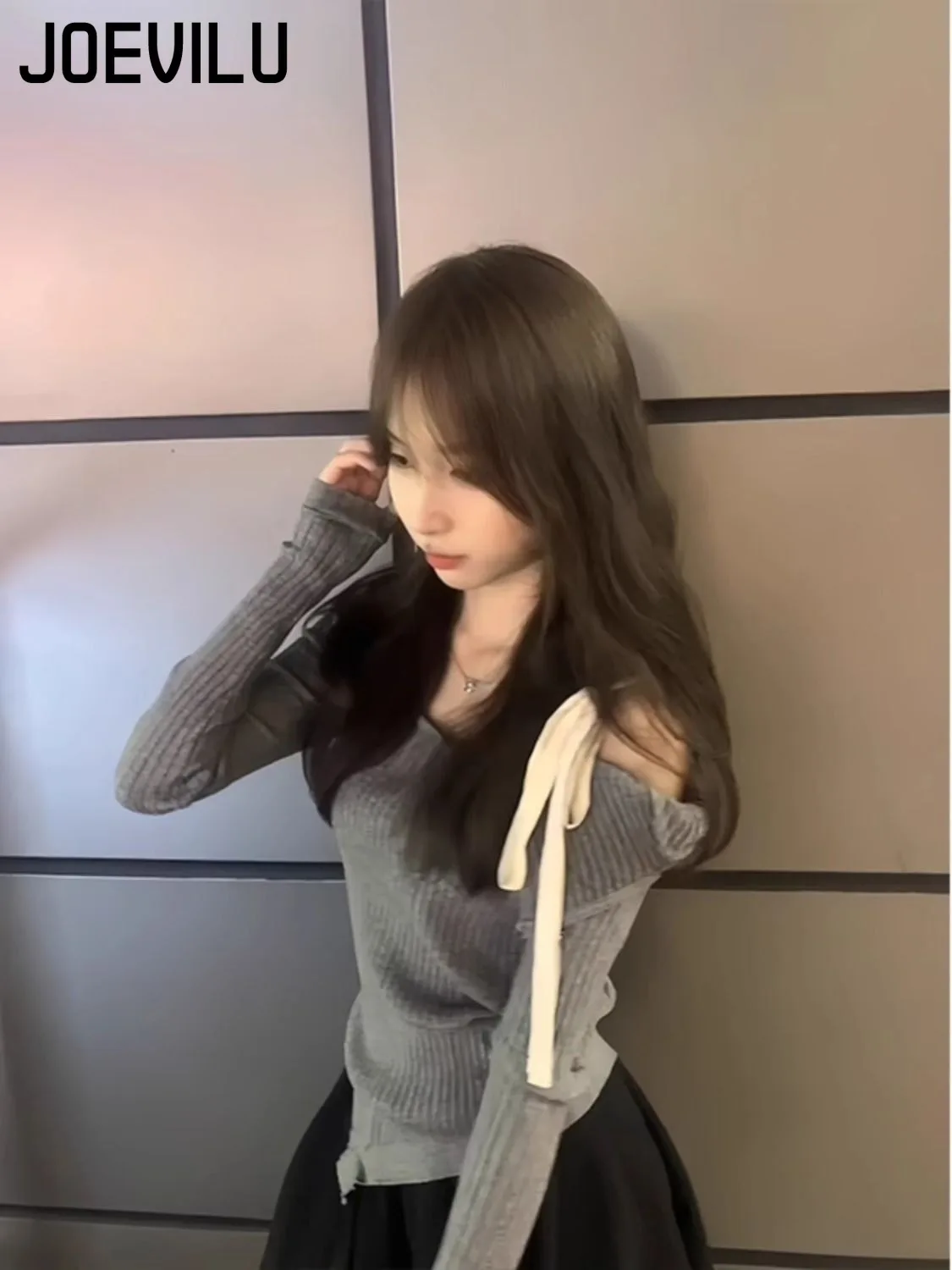 Off Shoulder Strap Pullover Sweater Long Sleeved Knitted Tops Female Slim Fit Lining Babes Korean Fashion Jumper Y2k Clothes