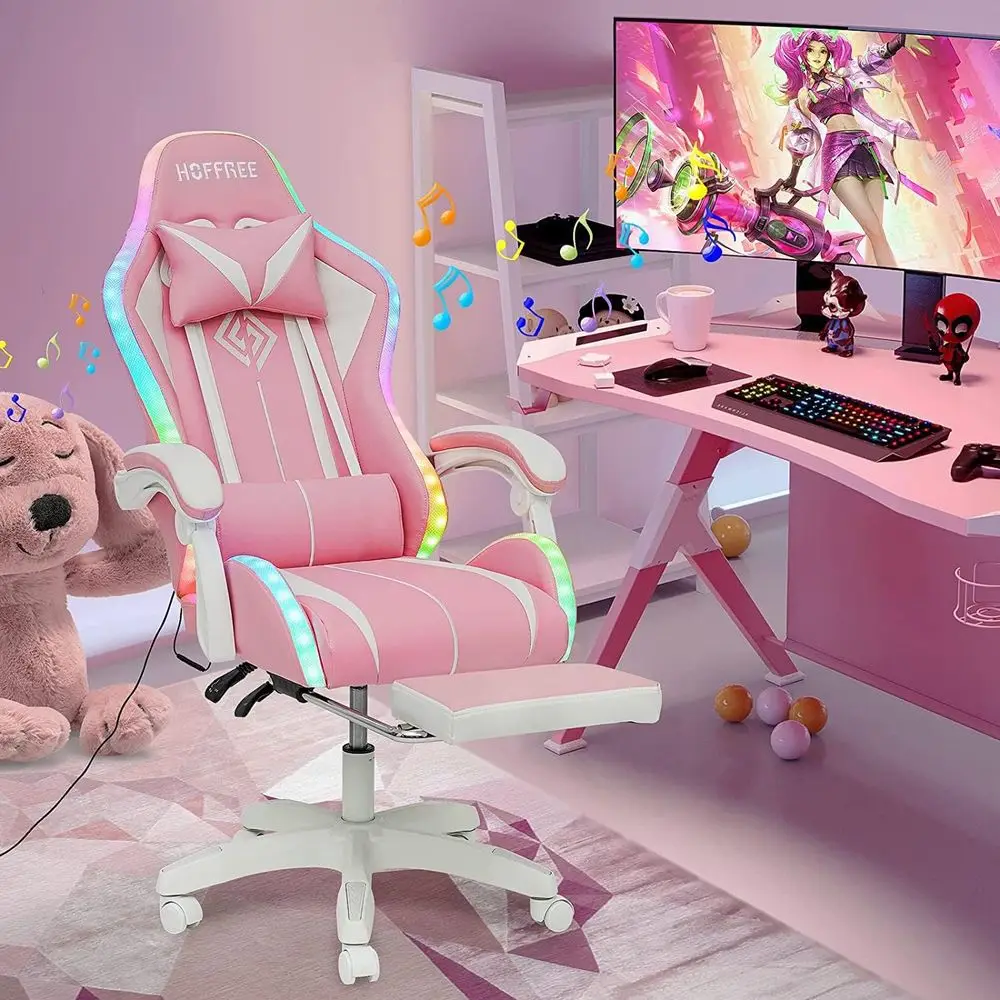 Ergonomic Bluetooth Gaming Chair with LED RGB, Massage & Lumbar Support in Pink & White