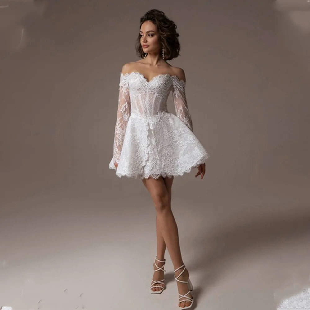 

Elegant Long Sleeves Sweetheart Full Lace Short/Mini Wedding Dresses Custom Made Bridal Grown 2026 Vestido De Noival