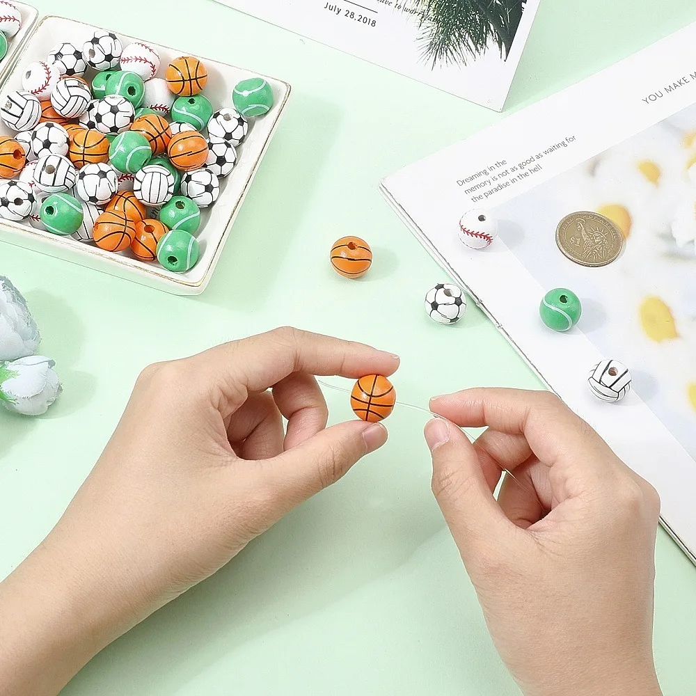 1봉지 100개 5가지 스타일 나무 구슬 염색된 원형 스포츠 테마 패턴 15.5x14.5mm 구멍: 3.2mm 20개/스타일