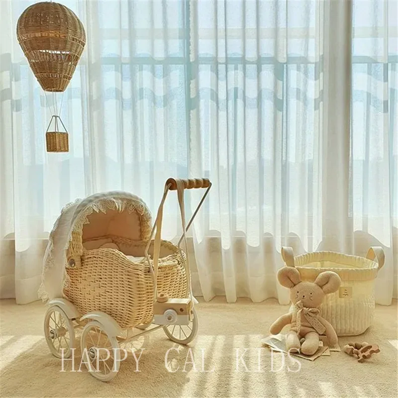 Rattan Hand-Pushed Walker Baby Hand-Held Walking Four-Wheel Toy Children's Room Decoration Photo Props