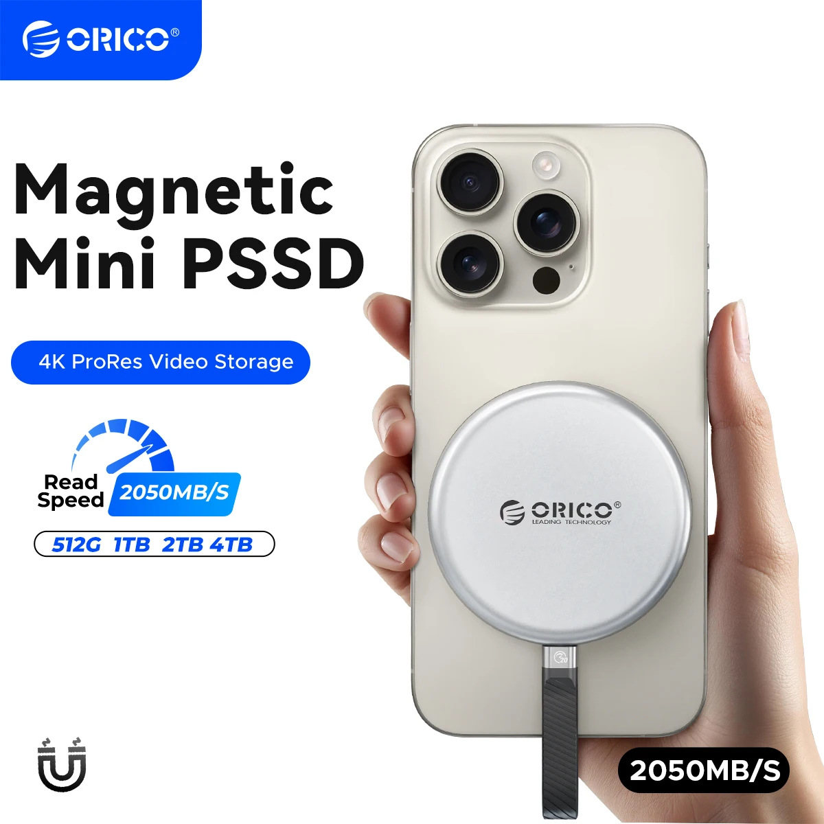 

ORICO KR20Mini Магнитный внешний твердотельный накопитель для iPhone 17 16 15 Pro/Max ProRes 2000 МБ/с 4K ProRes HDR Запись и хранить