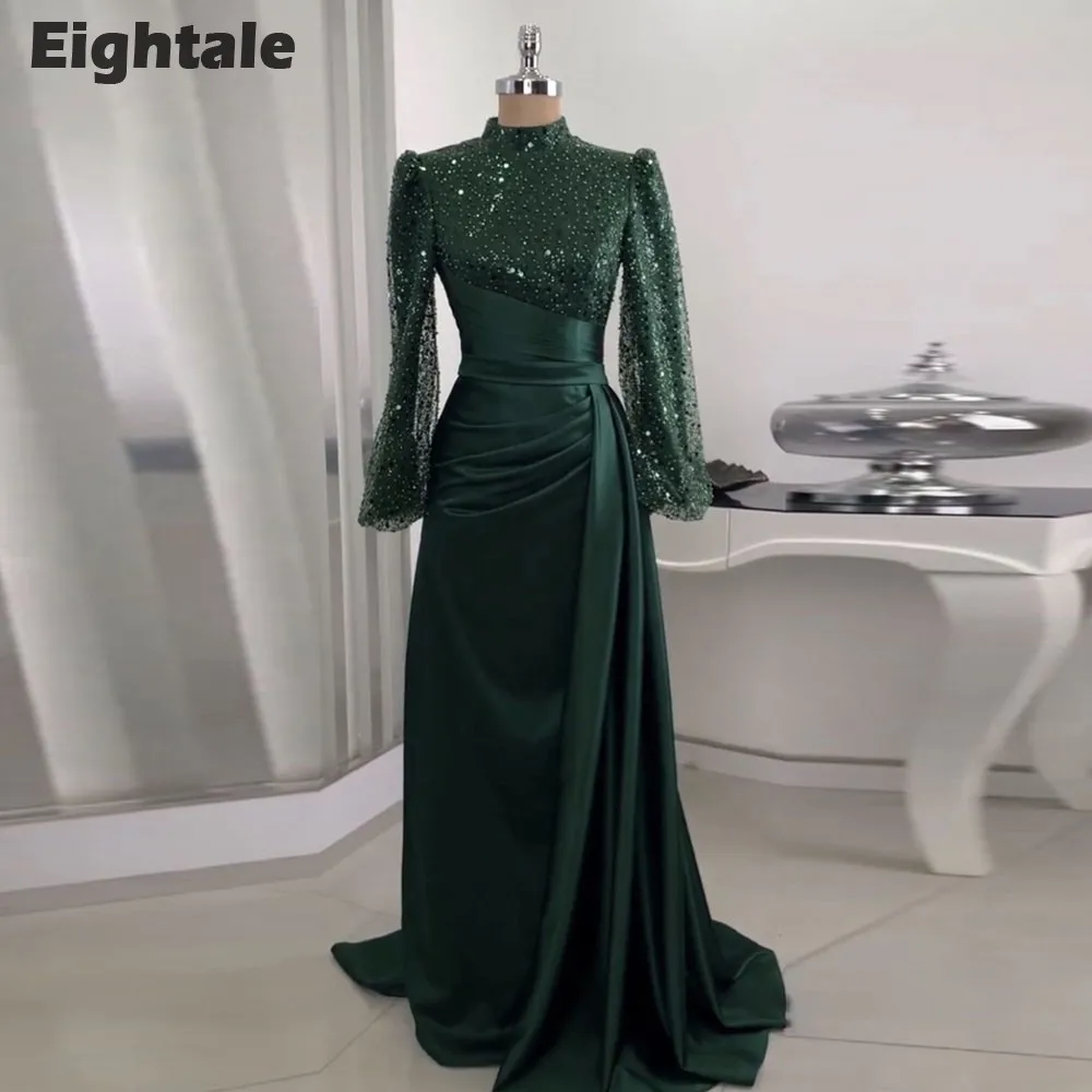 

Eightale Green Evening Dress High Neck Arabic Formal Custom Made Color Satin Sequined Long Sleeves Mermaid Prom Party Gowns