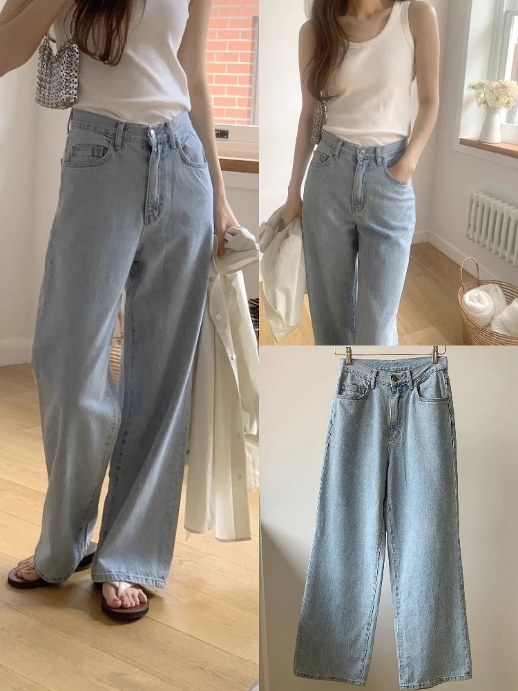 

Джинсы свободного кроя с высокой талией и прямыми штанинами, повседневные модные светло-голубые универсальные удобные хлопковые джинсовые орты для женщин