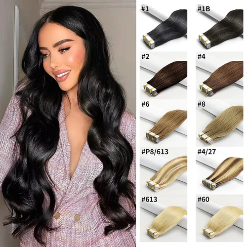 Extensiones de cabello con cinta, cabello humano Remy, 20 piezas, cinta de trama de piel recta sin costuras, extensiones de cabello, cabello negro Natural para mujeres