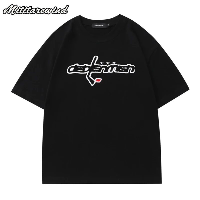 Summer T Shirt Men and Women Fashion Letters Towel Embroidery Black White T-shirts Casual Loose Short Sleeve Pure Cotton Tees