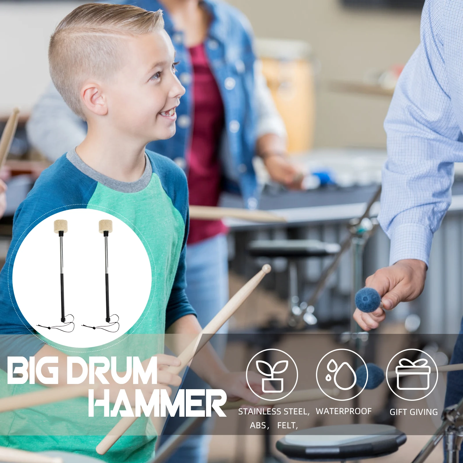 

Stainless Steel Drum Hammer Mallets Percussion Sticks Drumsticks Round Felt Child