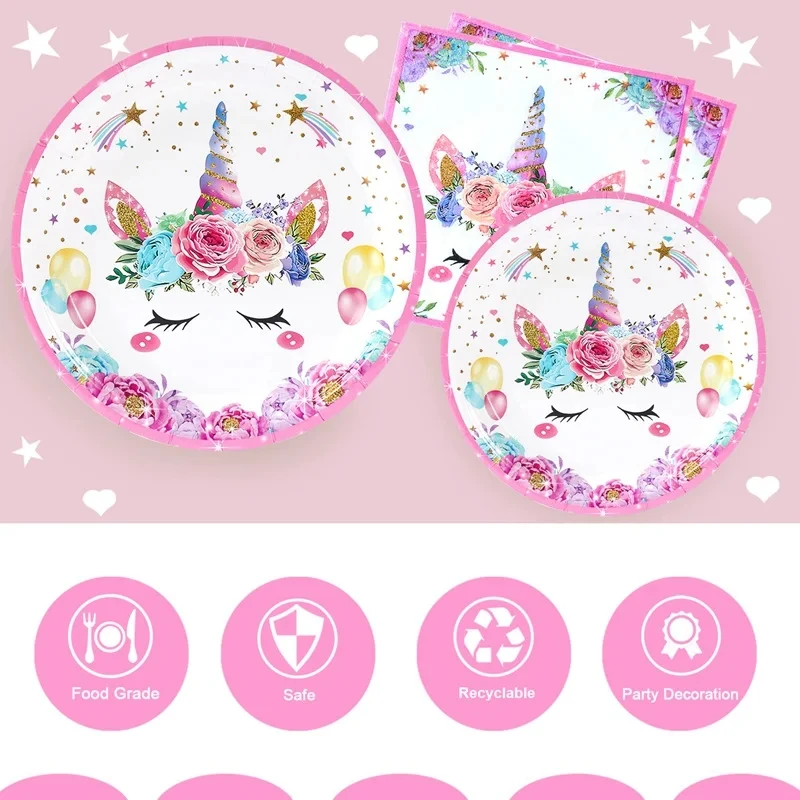 Unicorn Themed Disposable Tableware Unicorn Birthday Decor Paper Plates Unicorn Birthday Party Supplies Kids Girl Baby Shower