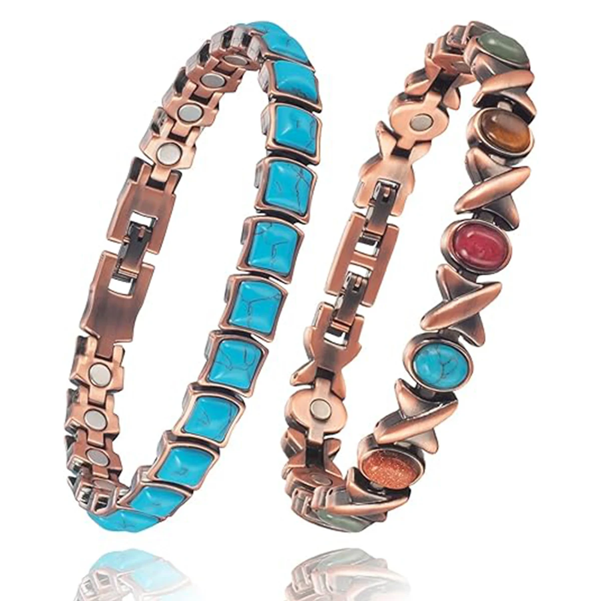 Wollet Copper Bracelets for Women, 2pcs Suit Color Turquoise Magnetic Bracelets, Mother's Day Jewelry Gifts