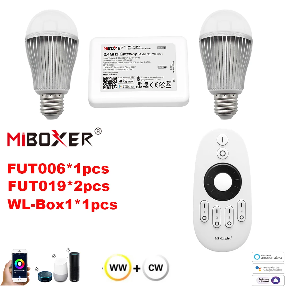 

AC85-265V MiBoxer FUT019 E27 9W 2.4G Wireless Remote WiFi Control Color Temperature Adjustable Dual White(CW/WW) CCT LED Bulb