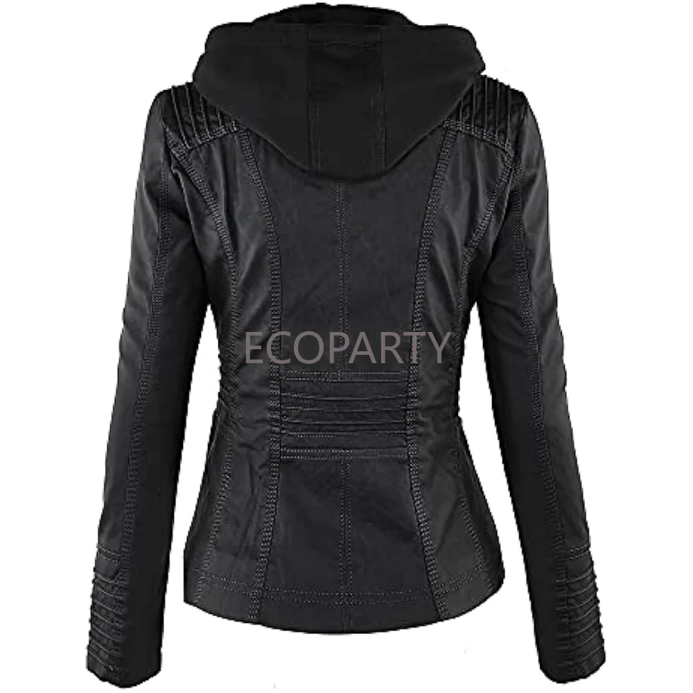 

2023 Spring and Autumn Coat Women's Removable Hooded Faux Leather Jacket Two Piece Set Moto Biker Coat Plus Size Women Clothing