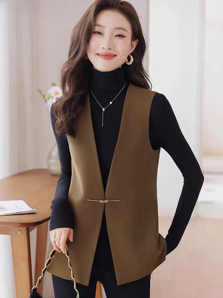 

Повседневный профессиональный свободный женский жилет без воротника для весны и осени, верхняя одежда премиум-класса из полиэфирного волокна