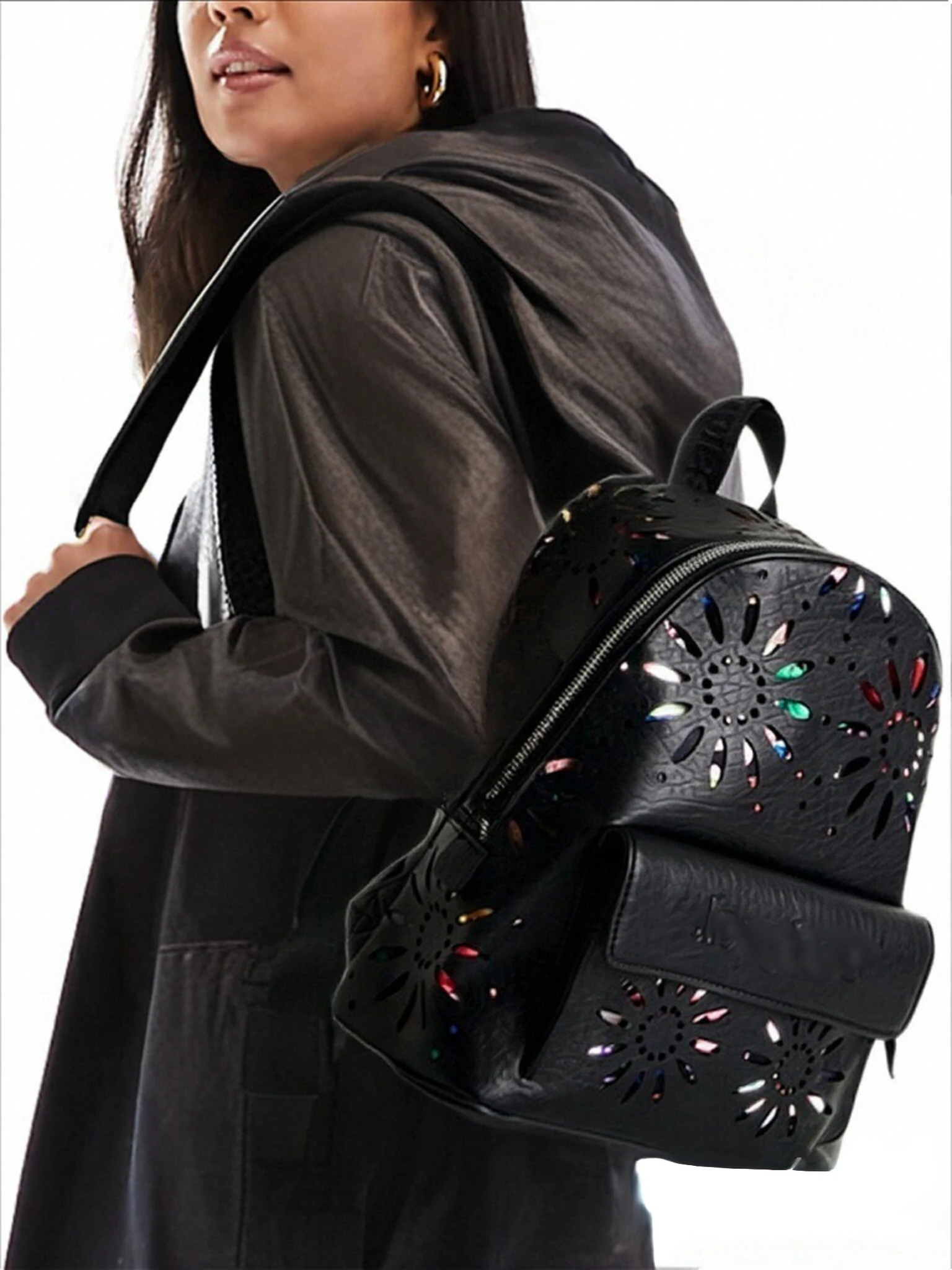 

European, American, Spanish original simple hollow flower design black backpack casual women's fashion backpack