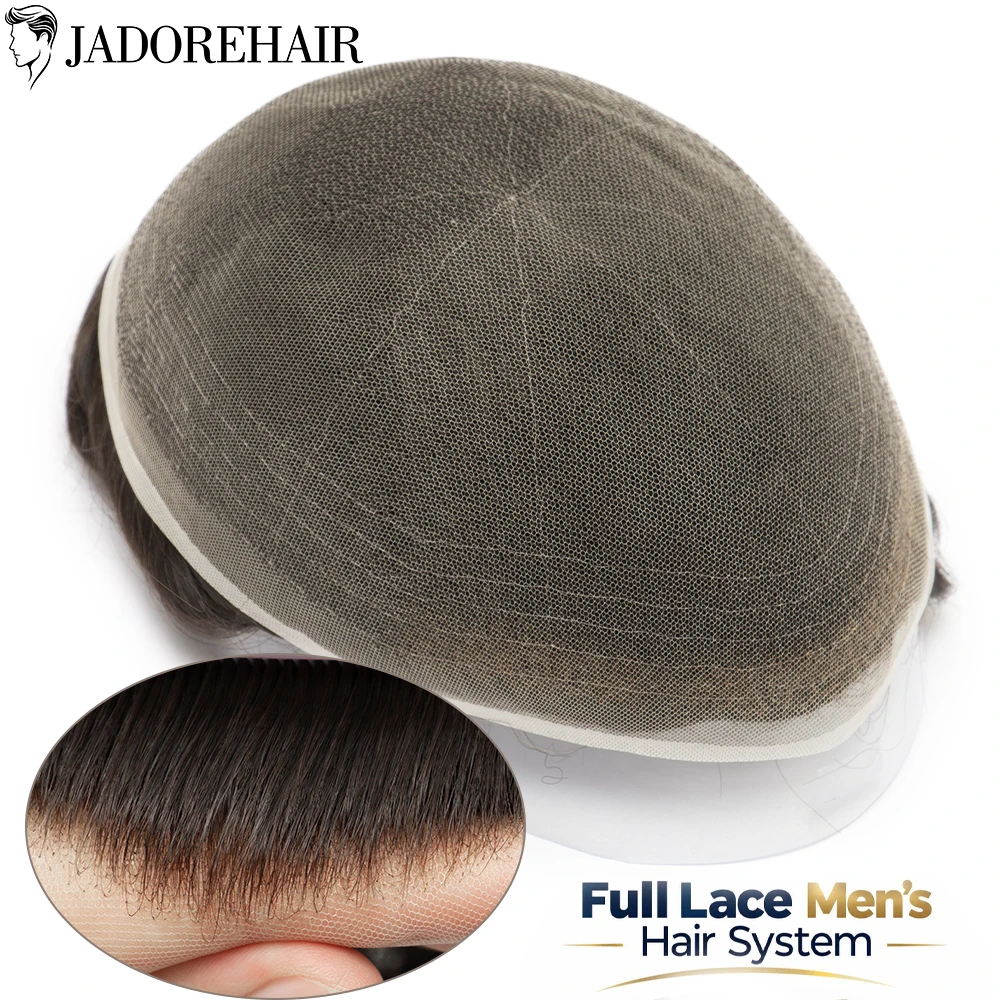 Full Lace Human Hair Wig Invisible Knots Indian Men's Toupee Breathable Natural Hairline for Male Hair System Replacement