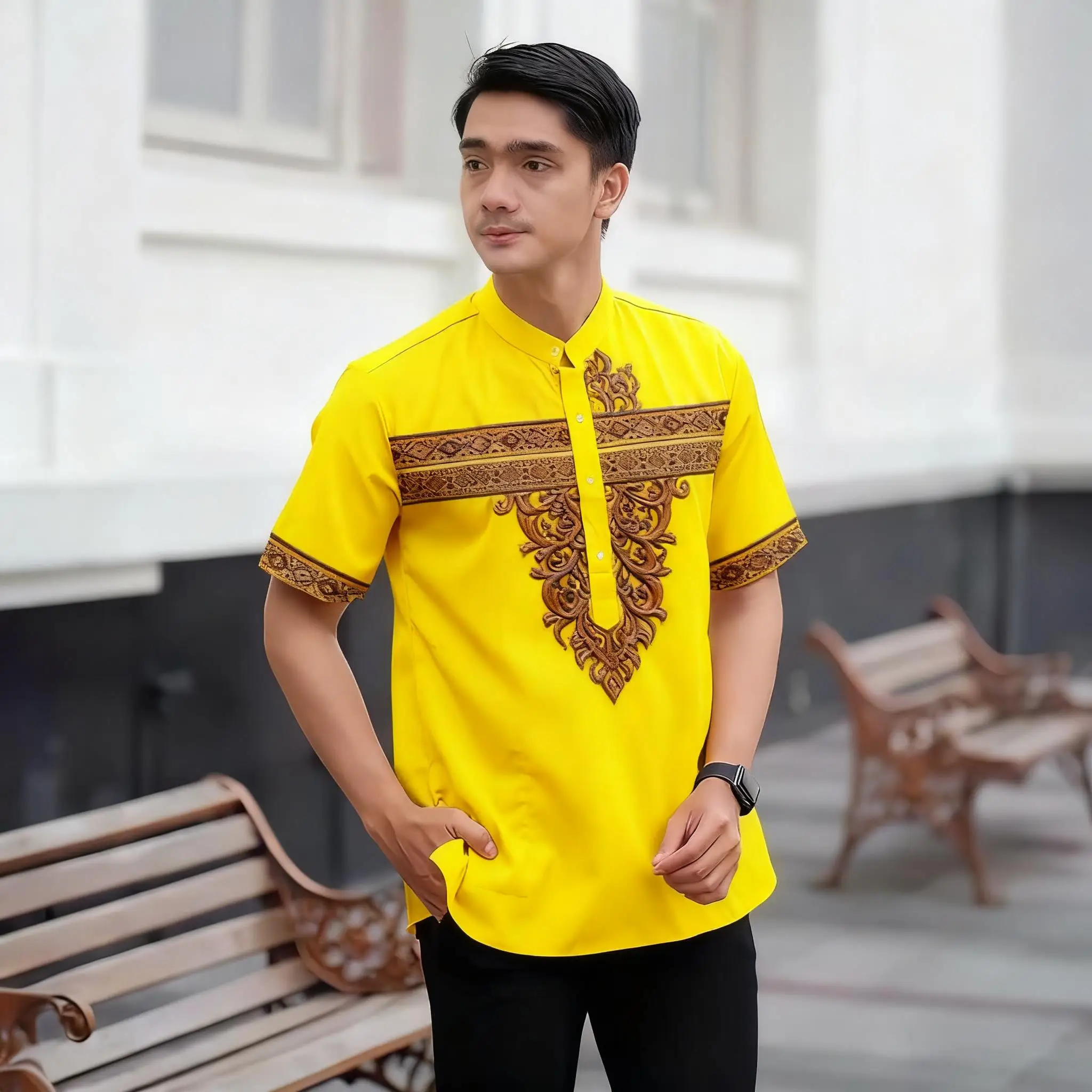 الرجال المسلمات الإسلامية العربية عباية قصيرة الأكمام قميص العرقية طباعة الوقوف طوق الشباب 2026 معطف فاخر ملابس عصرية غير رسمية