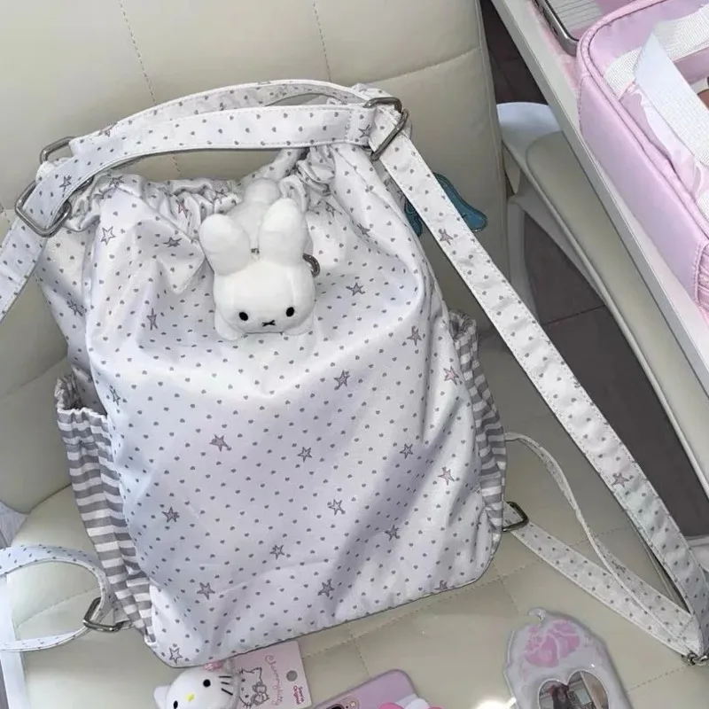 نجمة دوت طباعة اليابانية على ظهره فتاة مخطط جيب Y2k ItaBag سعة كبيرة حمل حقيبة الرباط حقيبة كتف طالب جامعي