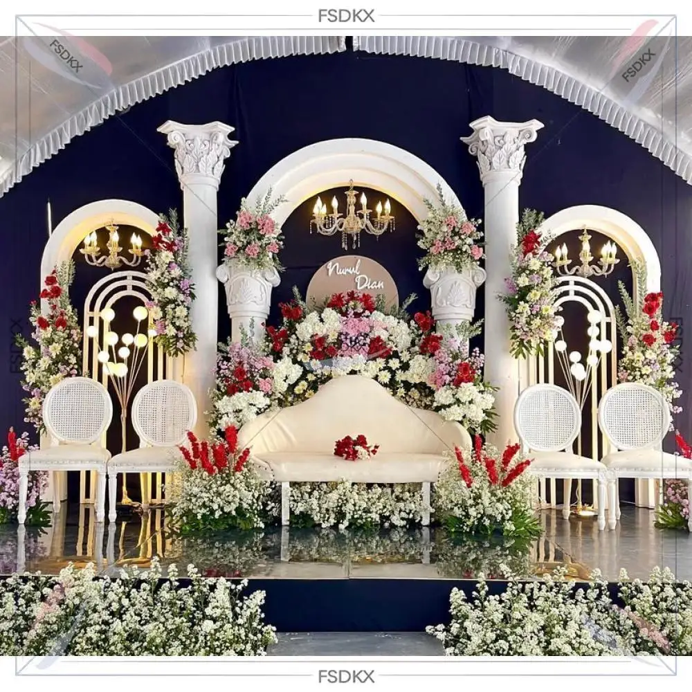 Factory Custom French Style Window Arch White Gold PVC Backdrop with White Light Strip for Wedding Event