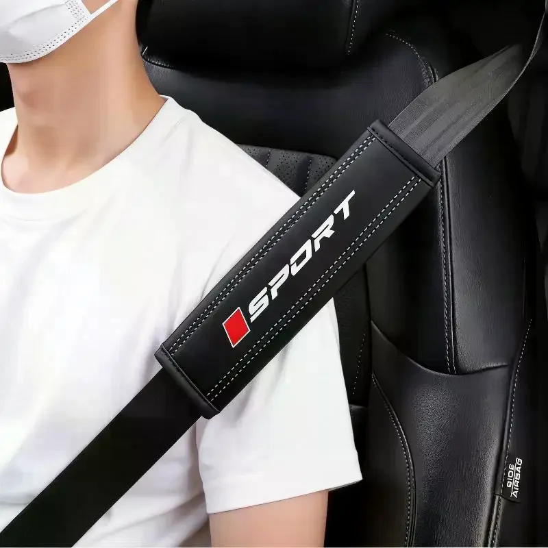 Car Seat Belt Shoulder Pad PU Leather Soft Comfortable Cushion Sport Logo Print For Daily Driving Long Trips Fits Most Cars